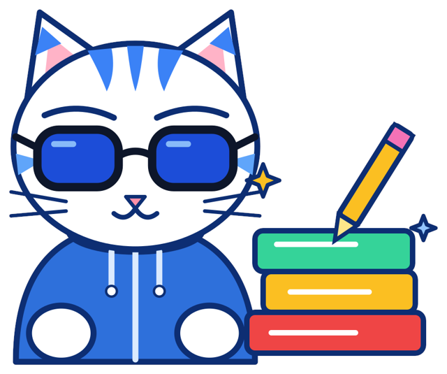 Котик со стопкой книг и карандашом